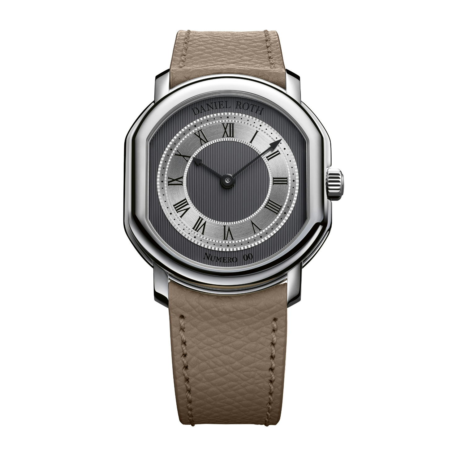 A luxury wristwatch with a silver-toned octagonal bezel, a dark gray dial with Roman numerals, and a textured light brown leather strap, shown against a plain white background.