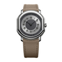 A luxury wristwatch with a silver-toned octagonal bezel, a dark gray dial with Roman numerals, and a textured light brown leather strap, shown against a plain white background.