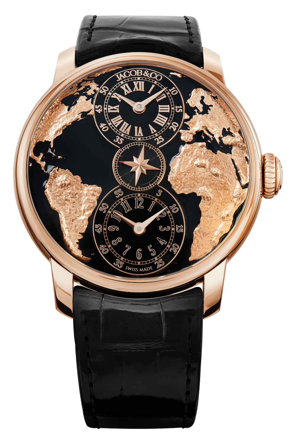 Rose gold watch with black dial featuring world map in gold, three time zone subdials with Roman numerals, and black leather 