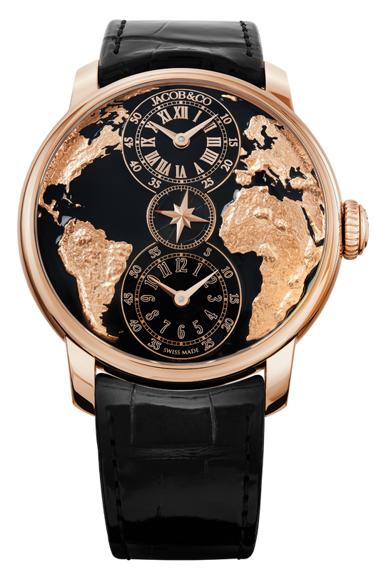 Rose gold watch with black dial featuring world map in gold, three time zone subdials with Roman numerals, and black leather 