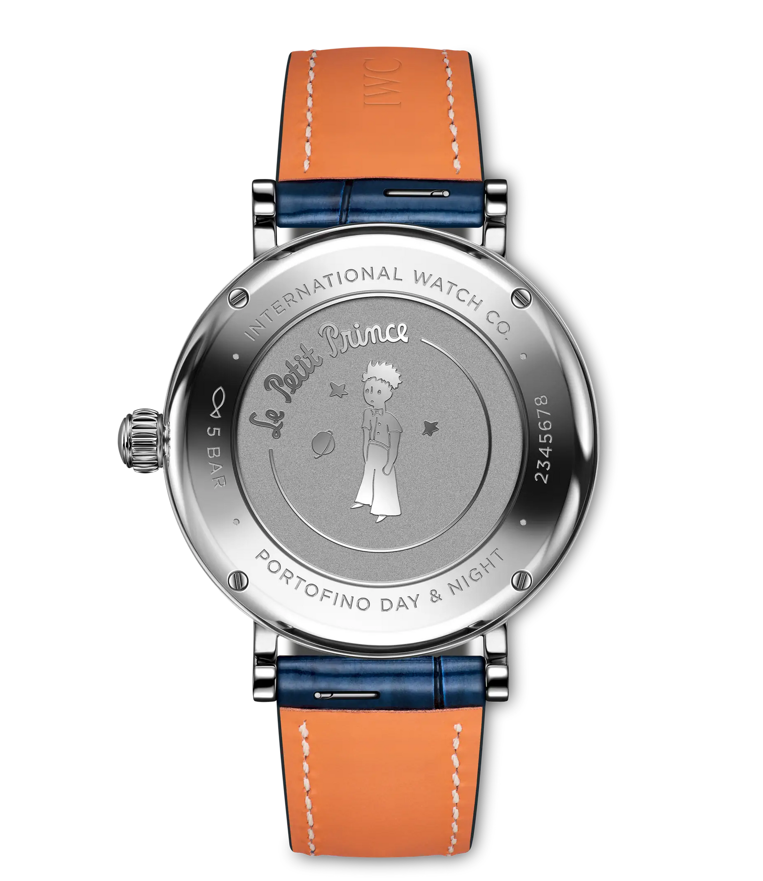 Round stainless steel watch with Le Petit Prince illustration on dial, orange and blue leather strap with white stitching.
