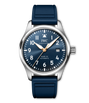 Stainless steel pilot's watch with dark blue dial, Arabic numerals, date window, rose gold hands, and navy rubber strap.