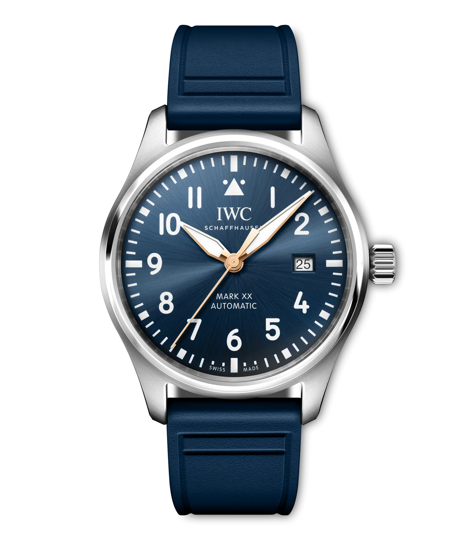 Stainless steel pilot's watch with dark blue dial, Arabic numerals, date window, rose gold hands, and navy rubber strap.