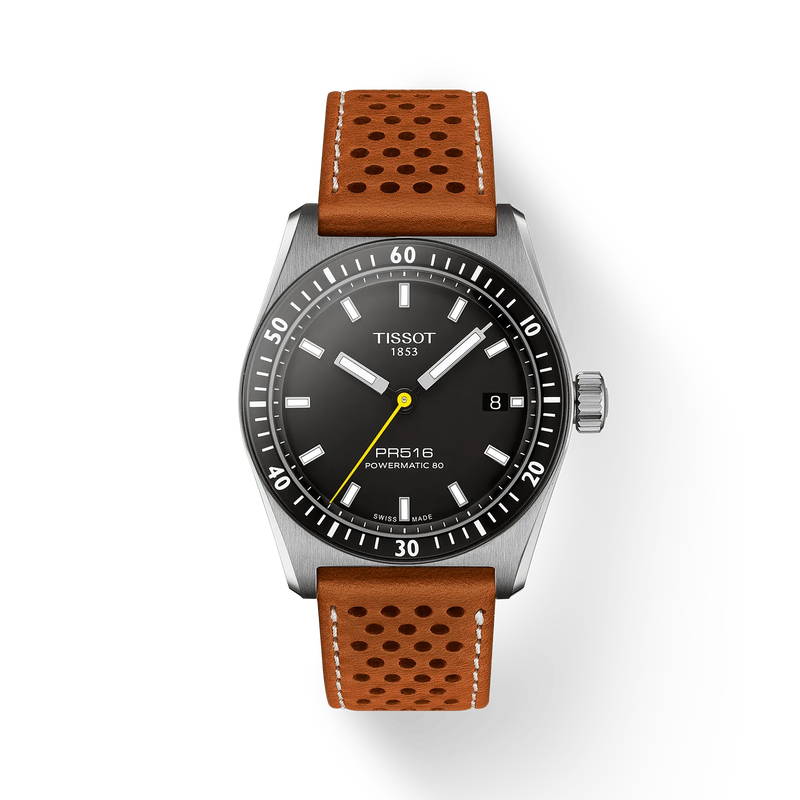 Wristwatch with brown leather strap and black dial on a white background