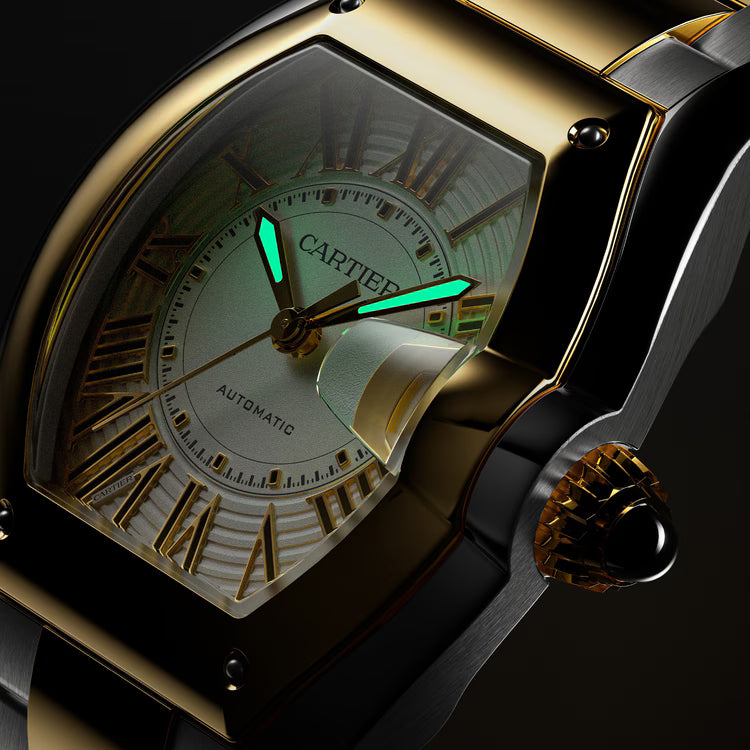Gold and black Cartier Roadster watch with octagonal dial, Roman numerals, luminous hands, and leather strap.