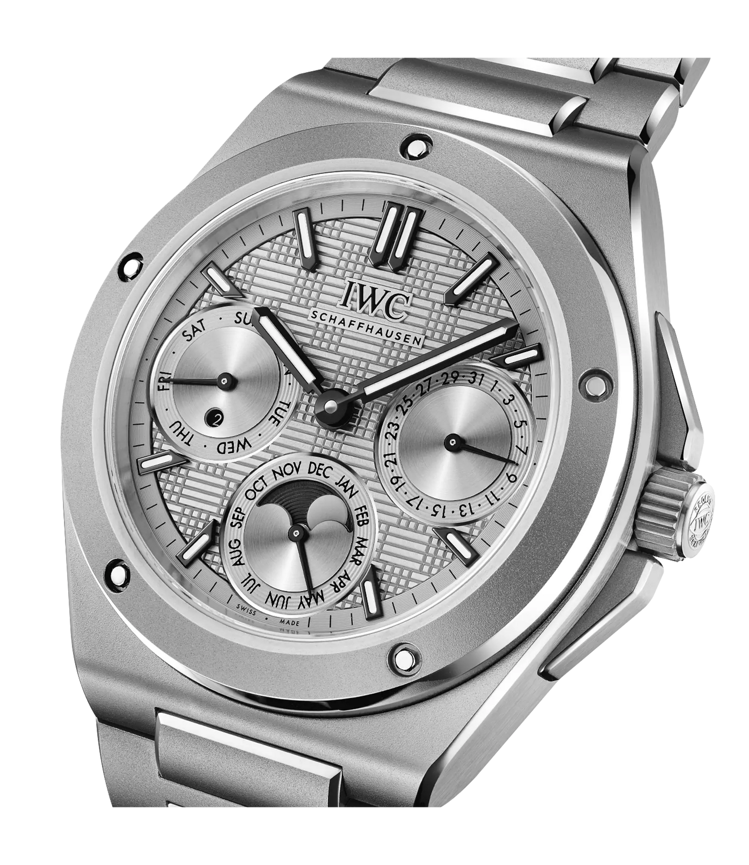 Stainless steel watch with perpetual calendar dial showing date, day, and month subdials, metal bracelet, and IWC Schaffhause