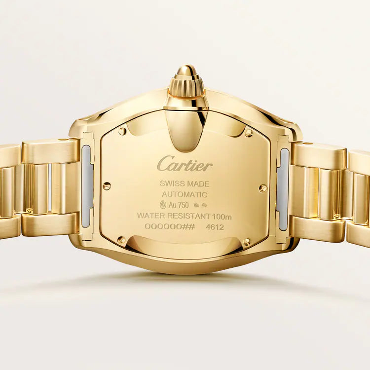 Gold-tone Cartier Roadster watch with rectangular case, bracelet band, and engraved caseback showing Swiss made automatic mov