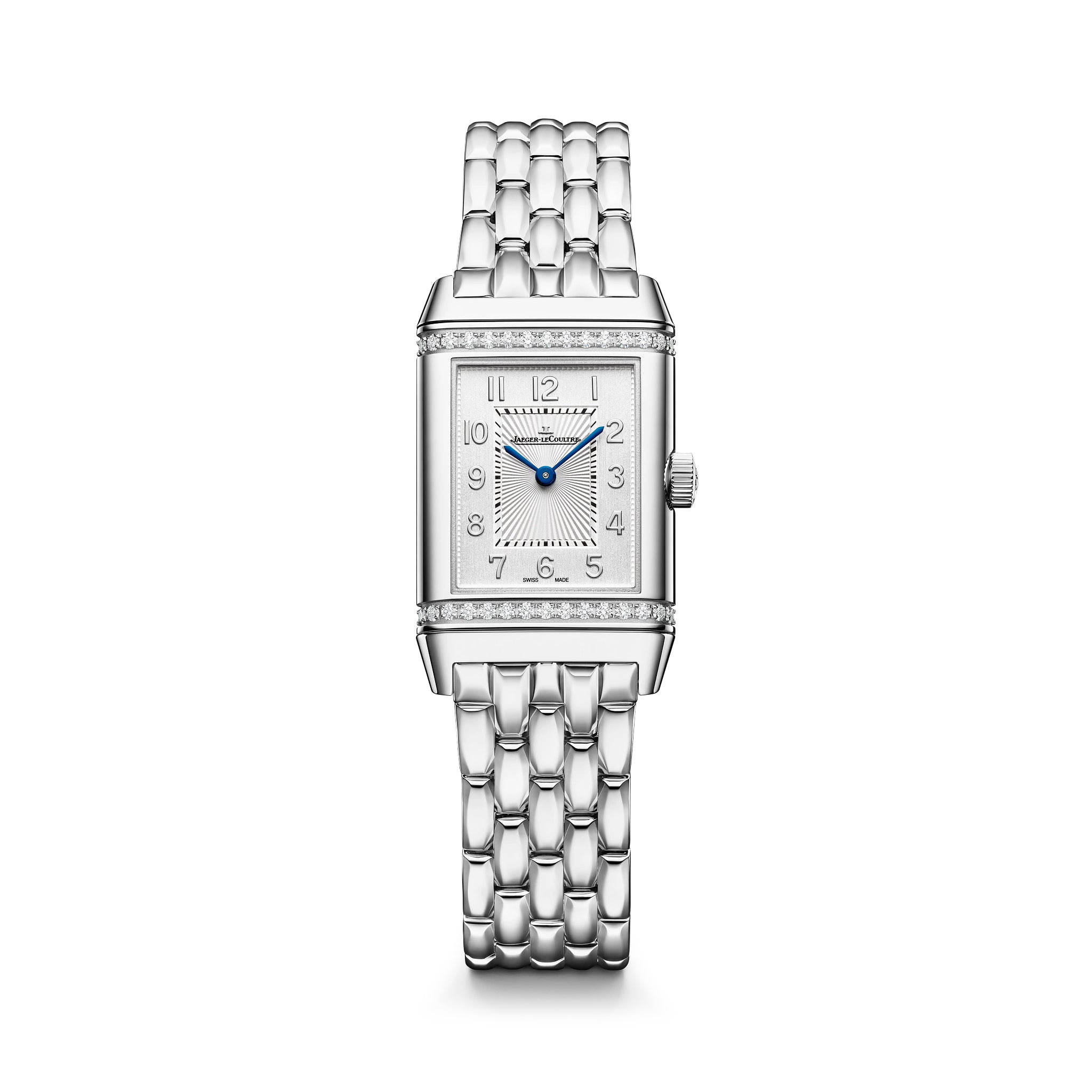 Rectangular silver-tone watch with diamond bezel, silver dial, blue hands, and matching metal bracelet.