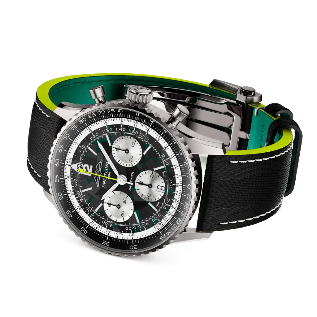 Luxury watch with a black and green strap on a white background