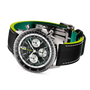 Luxury watch with a black and green strap on a white background