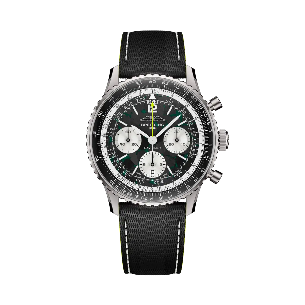 Breitling watch with black strap and green accents on a white background