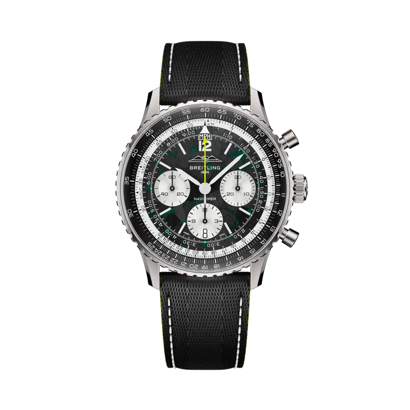 Breitling watch with black strap and green accents on a white background