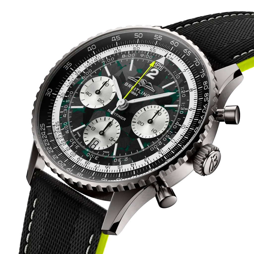 Luxury watch with detailed face and black strap on a white background