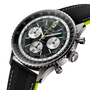 Luxury watch with detailed face and black strap on a white background