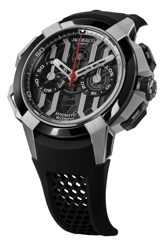 Jacob & Co stainless steel and black automatic watch with open dial, red chronograph hand, and rubber strap.