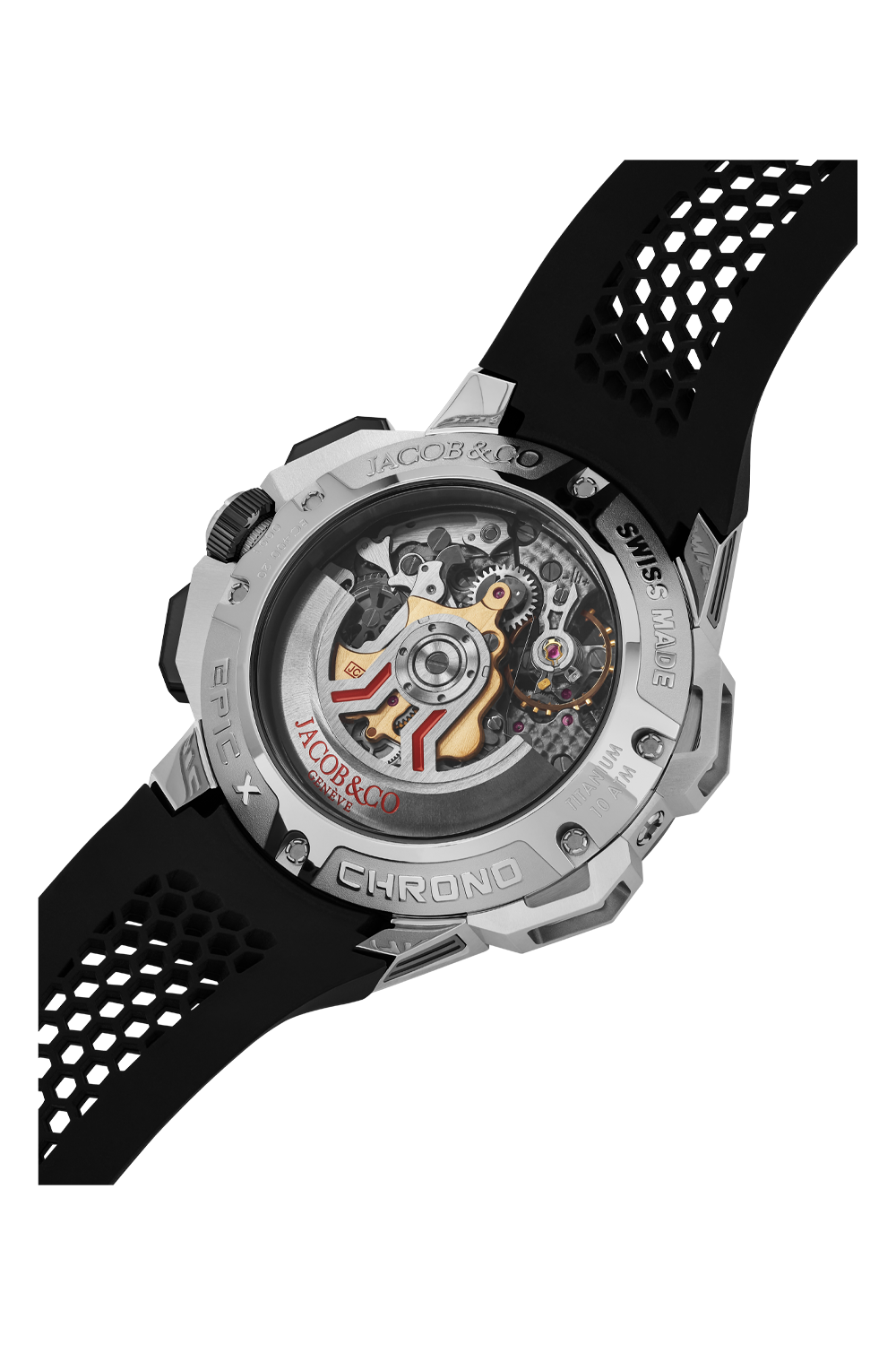 Silver and black chronograph watch with exposed mechanical movement visible through crystal case back and perforated rubber s