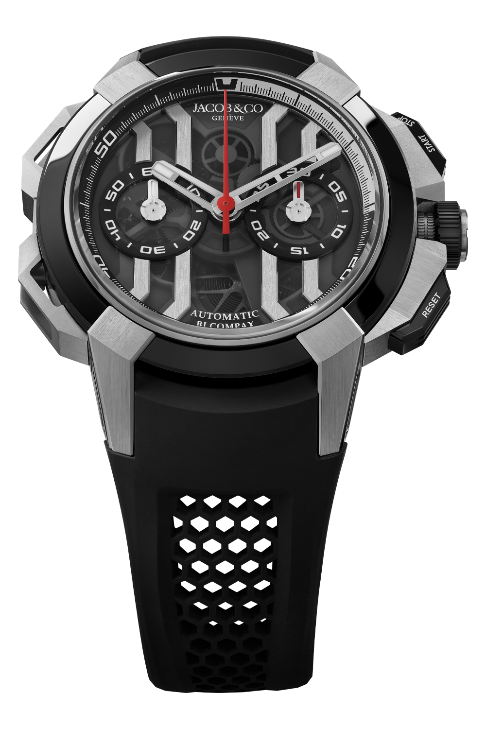Jacq3 & Co stainless steel and black chronograph watch with red accents, black rubber strap, and exposed dial mechanism.