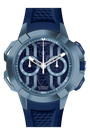 Jacob & Co Genève chronograph watch with blue and gray titanium case, dark blue dial, and navy rubber strap.