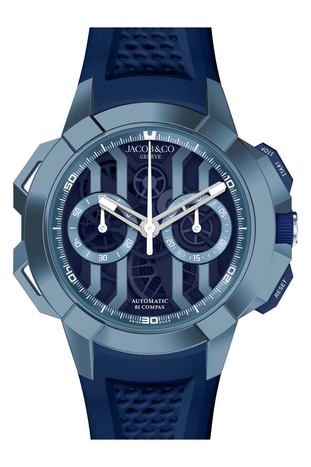 Jacob & Co Genève chronograph watch with blue and gray titanium case, dark blue dial, and navy rubber strap.