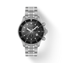 Silver Tissot watch with black dial on a white background
