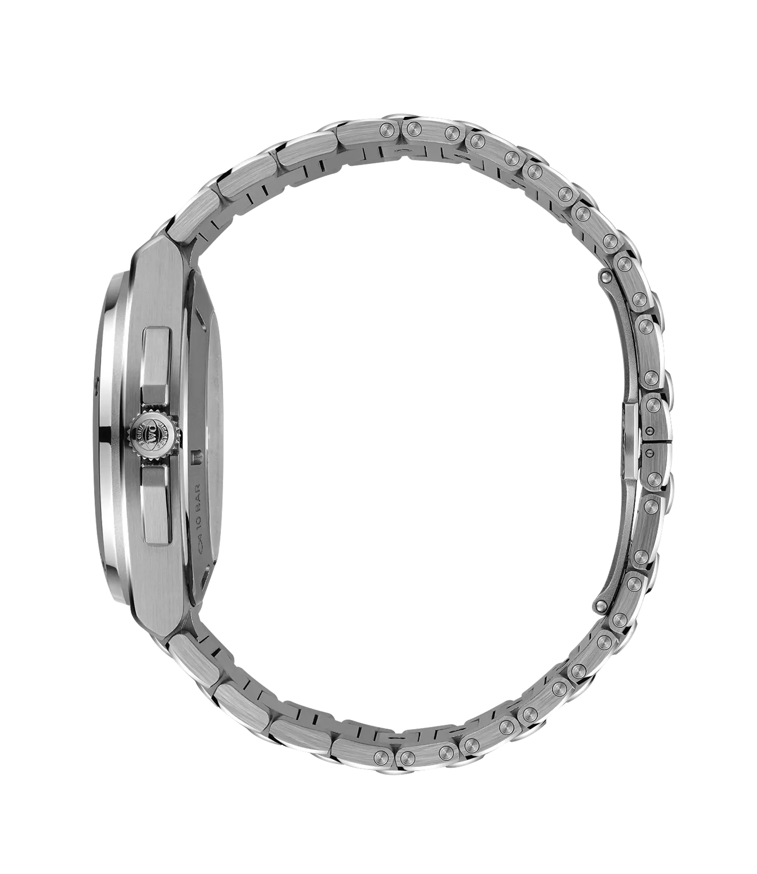 Silver stainless steel watch with linked bracelet, round case, and visible crown on the side profile view.