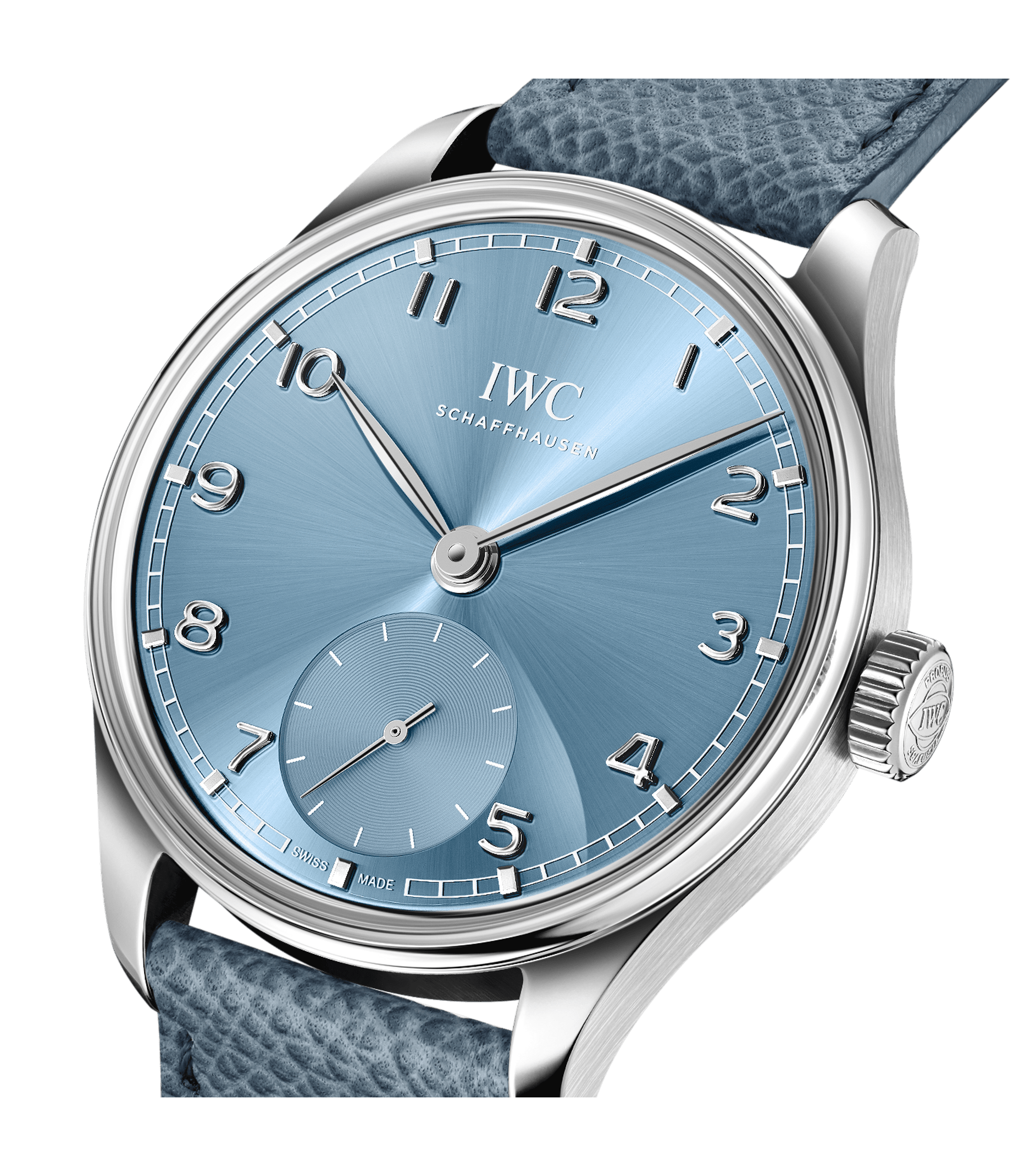 A close-up of the IWC Schaffhausen Portugieser Automatic 40 reveals its metallic blue dial, silver hands, Arabic numerals, a sub-dial at 6 o’clock, and a textured blue leather strap in polished stainless steel.