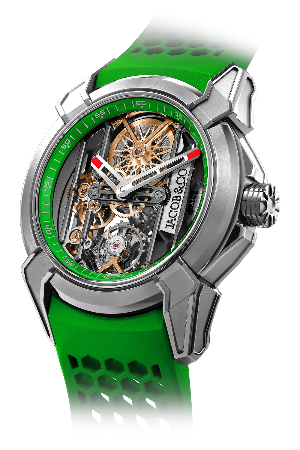 Titanium sports watch with green dial, visible skeleton movement, white hands with red accents, and green rubber strap.