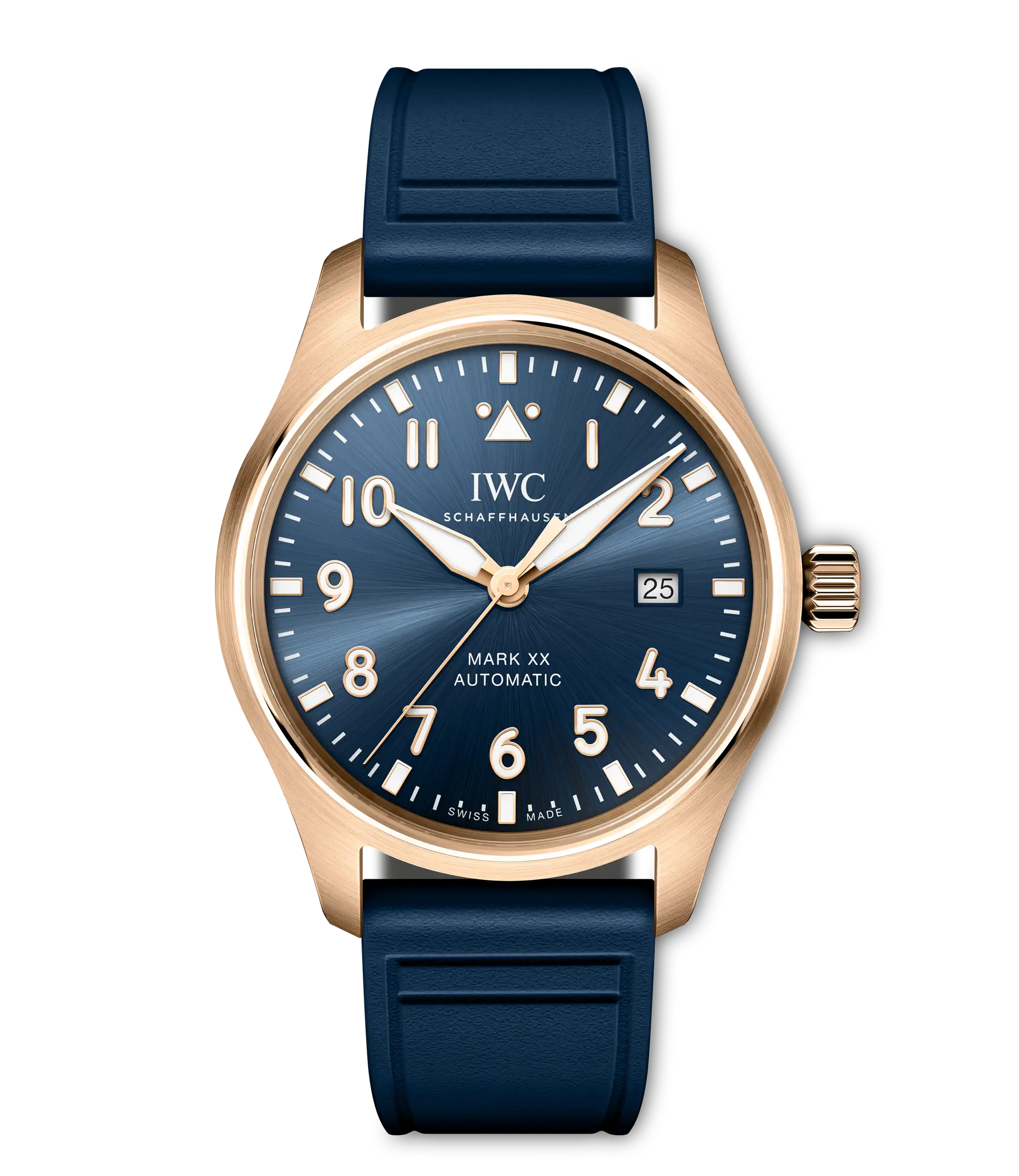 IWC Schaffhausen pilot's watch with rose gold case, blue dial, arabic numerals, and blue rubber strap.