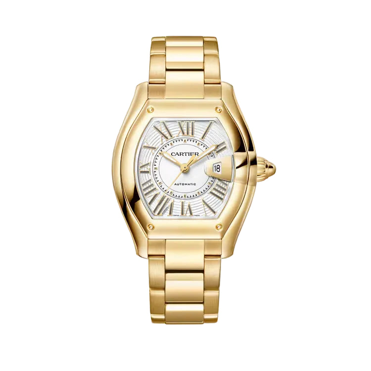 Gold Cartier watch on a light beige background