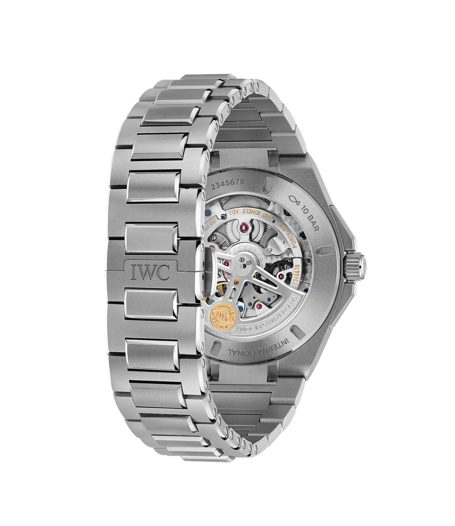 Stainless steel watch with exposed skeleton dial, visible mechanical movement, and linked bracelet displayed at an angle.