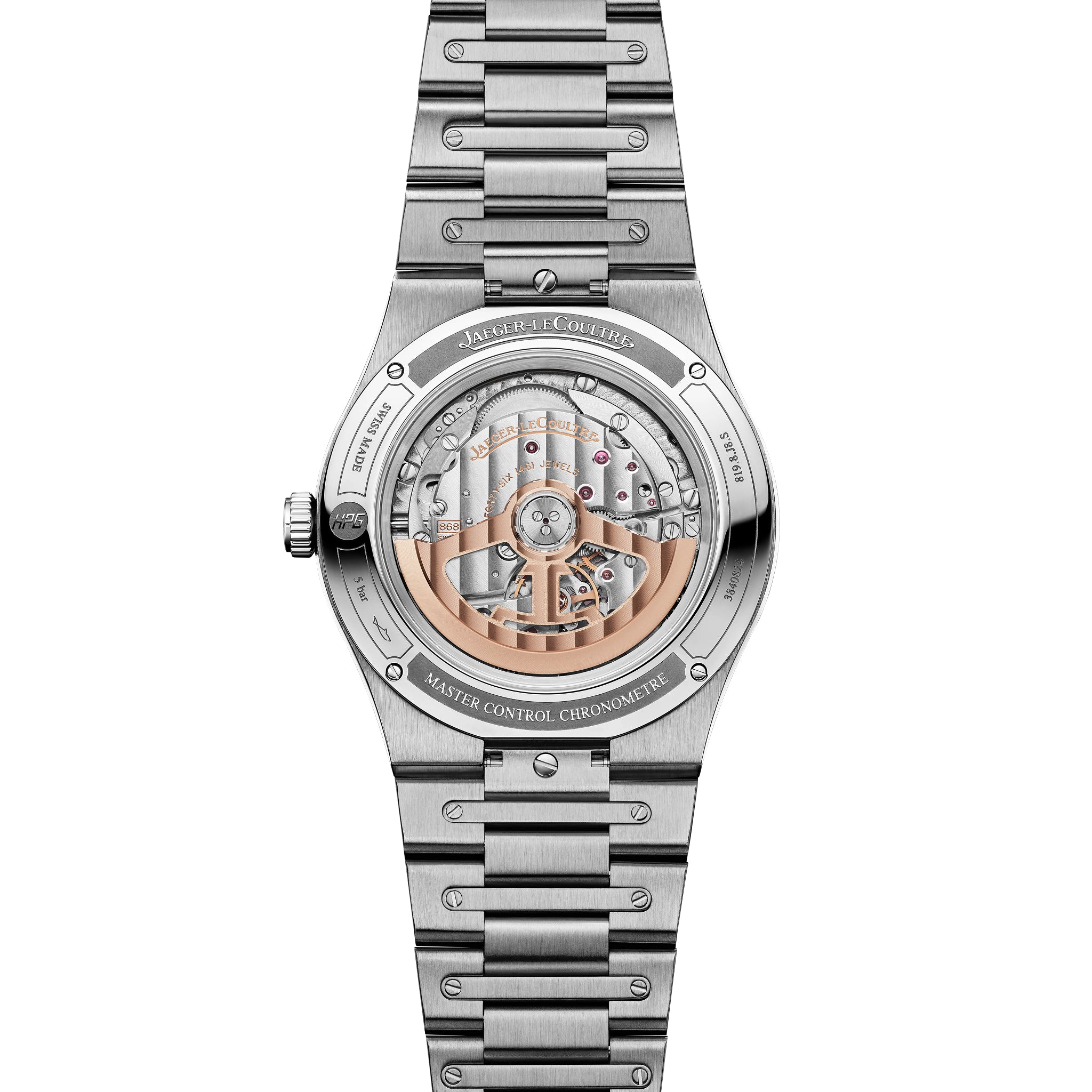 Stainless steel watch with two-tone dial displaying exposed movement, date window, and linked bracelet with brushed finish.