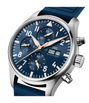 Silver chronograph watch with blue dial, three subdials, date window, white hour markers, and blue leather strap.