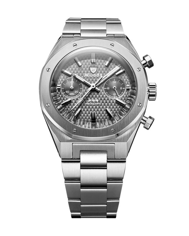 Stainless steel chronograph watch with grey dial, subdials, and three-link bracelet.