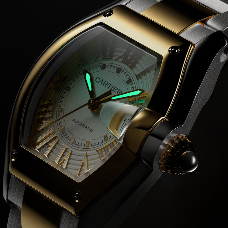 Cartier Roadster watch with tonneau-shaped case in two-tone gold and steel, cream dial with Roman numerals, and turquoise han