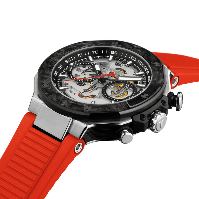 Watch with a red strap and black dial on a white background