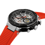 Watch with a red strap and black dial on a white background