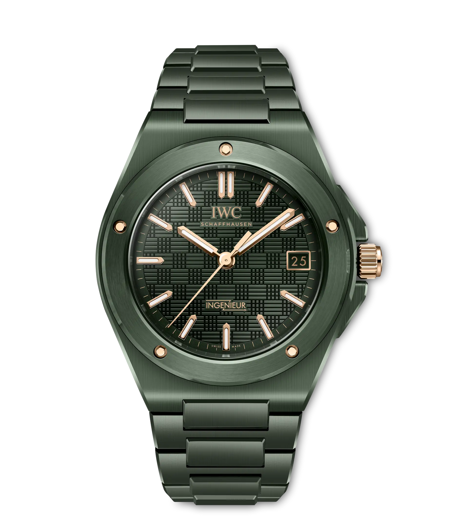 Green stainless steel watch with black dial, rose gold indices and hands, date window, and matching bracelet.