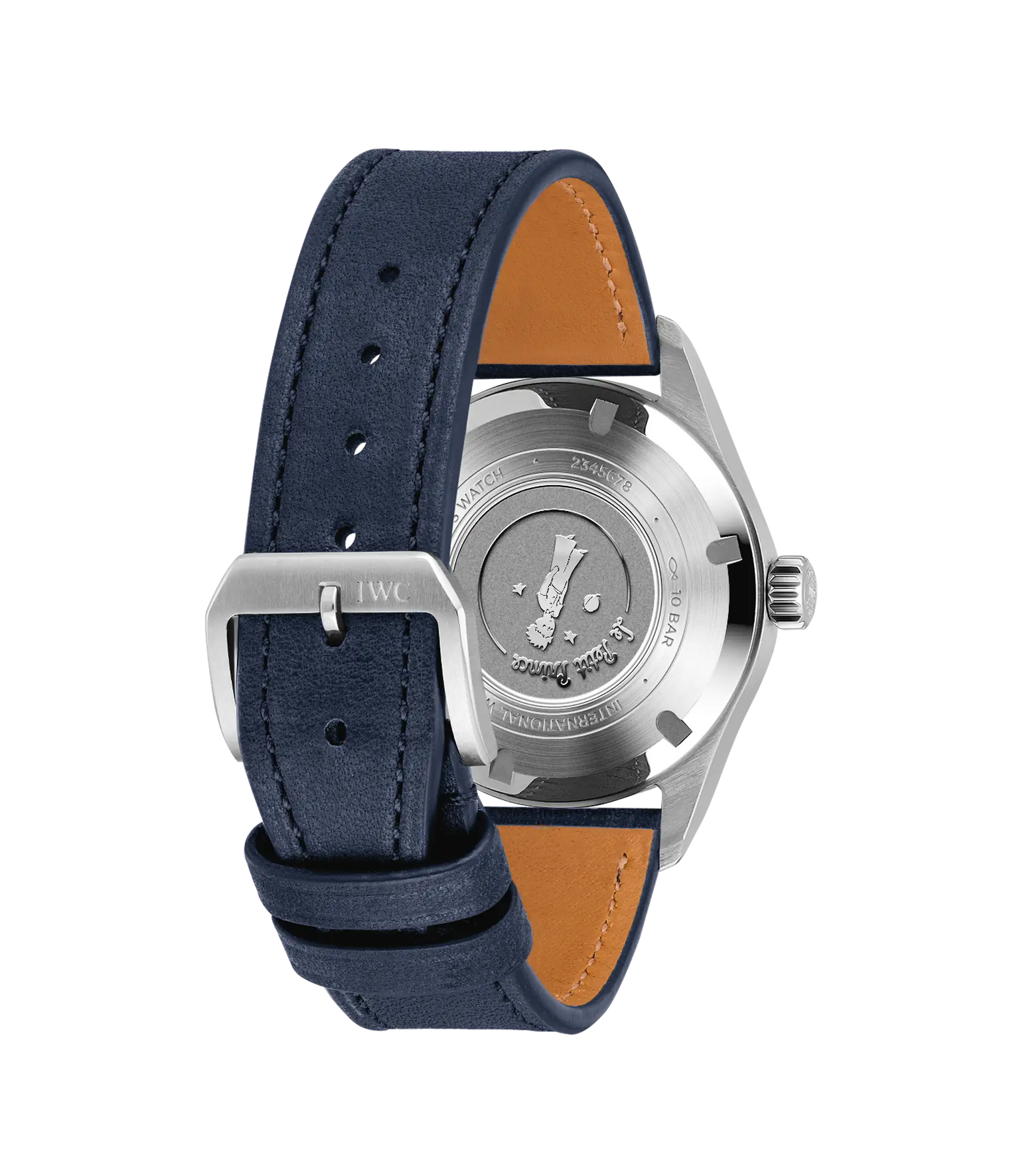Stainless steel pilot's watch with dark blue leather strap, tan interior lining, and engraved caseback featuring Le Petit Pri