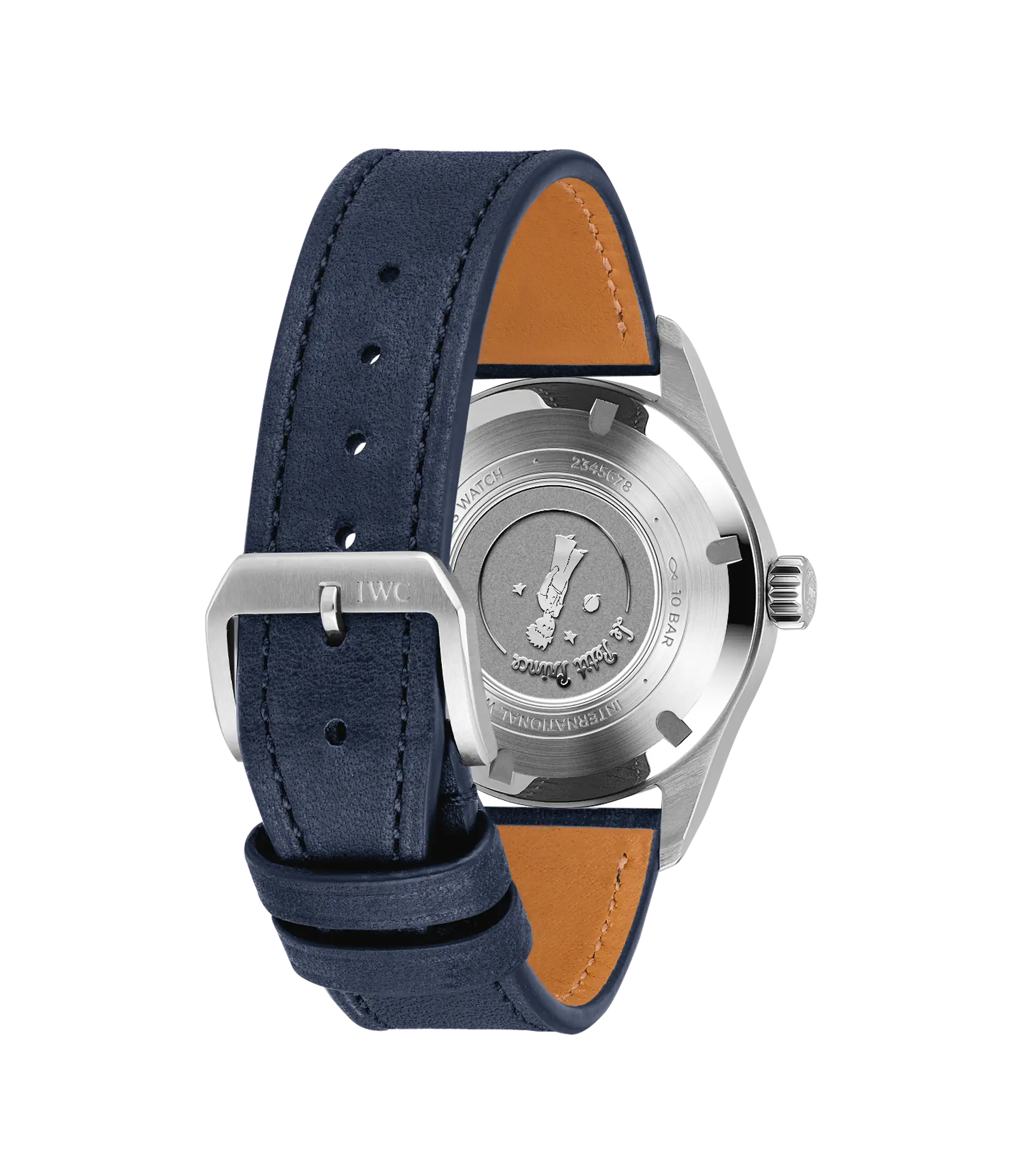 Stainless steel pilot's watch with dark blue leather strap, tan interior lining, and engraved caseback featuring Le Petit Pri