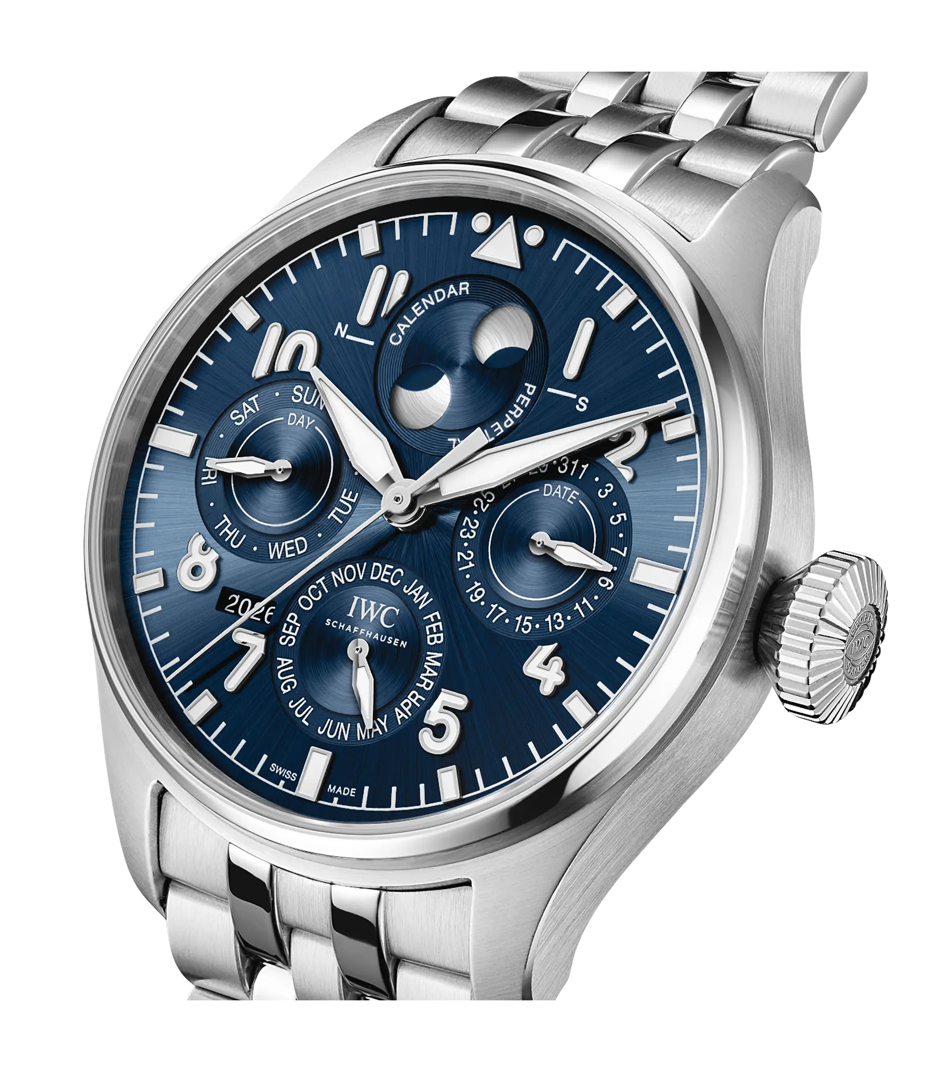 Stainless steel pilot watch with blue dial, perpetual calendar complications, moon phase, and metal bracelet.