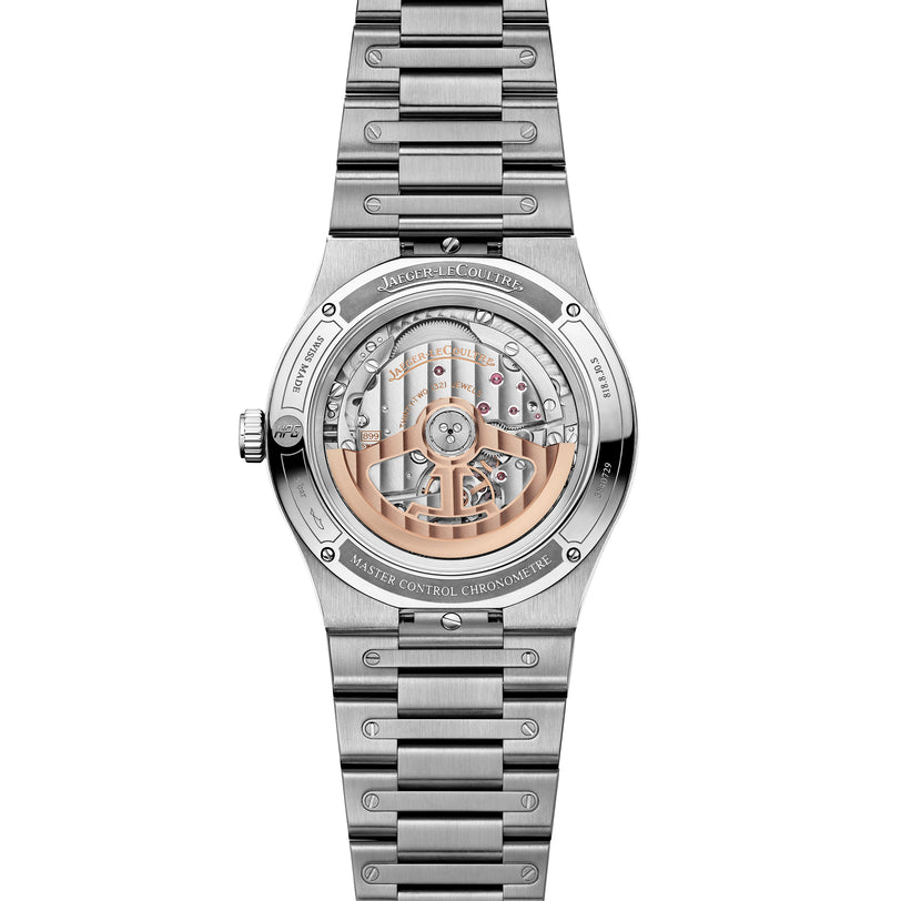 Stainless steel watch with visible rose gold mechanism, three-link bracelet, and transparent caseback displaying intricate mo