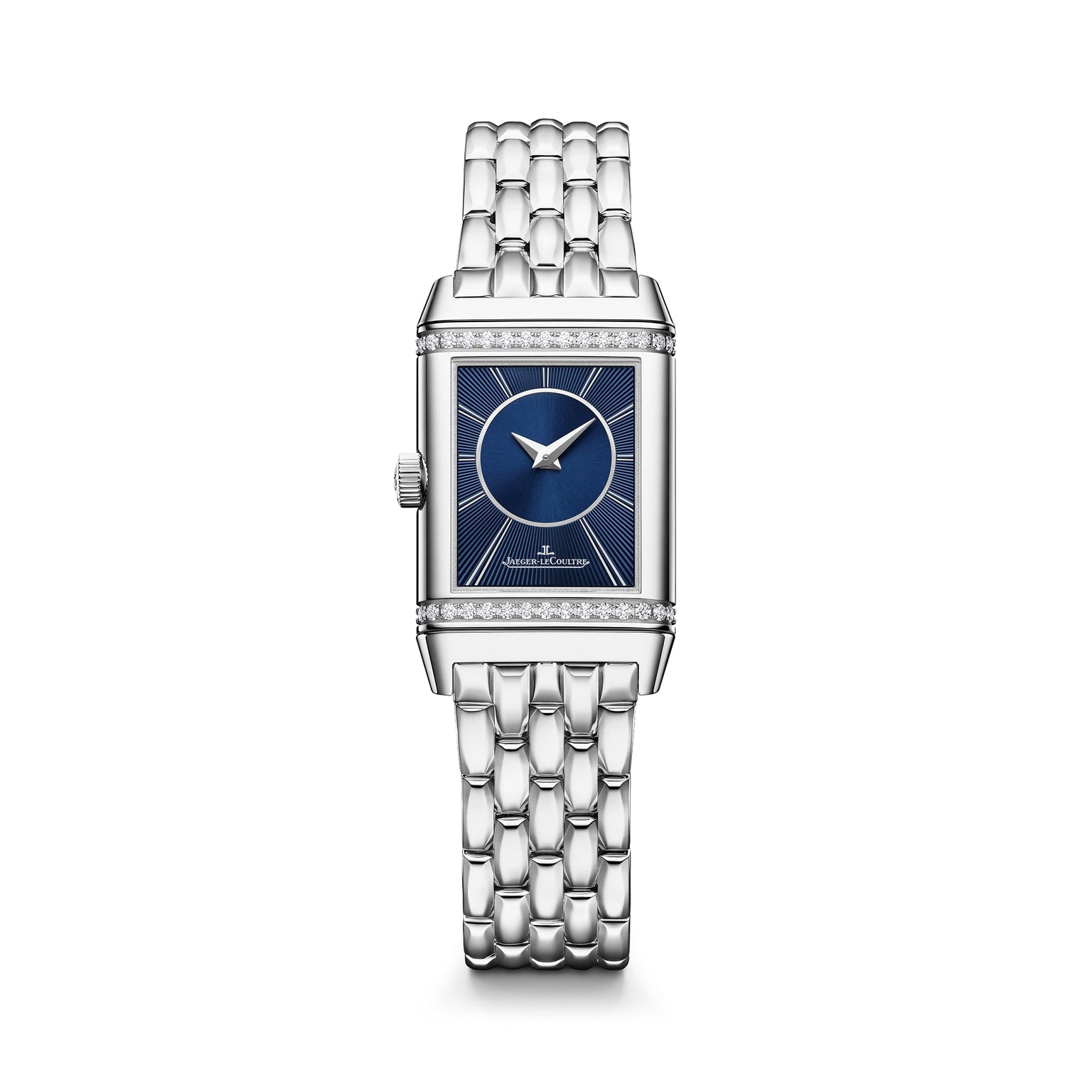 Silver rectangular watch with blue dial, diamond bezels, and matching metal bracelet.