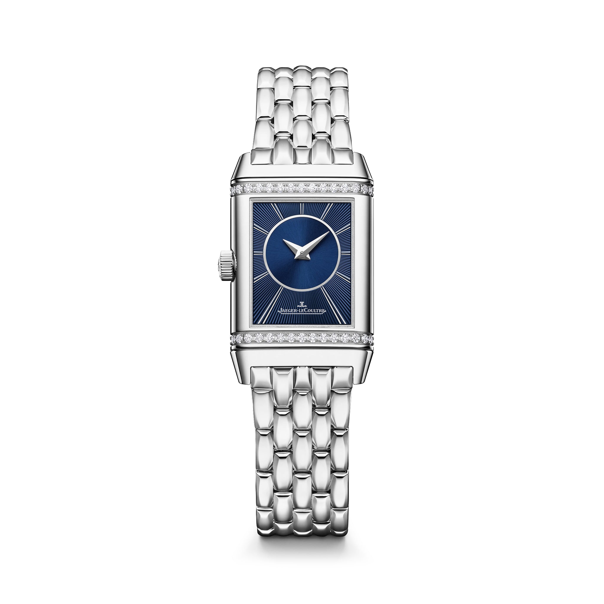 Silver rectangular watch with blue dial, diamond bezels, and matching metal bracelet.