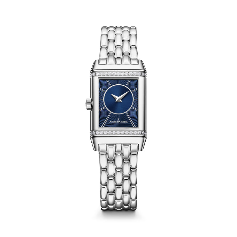 Silver rectangular watch with blue dial, diamond bezels, and matching metal bracelet.