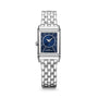 Silver rectangular watch with blue dial, diamond bezels, and matching metal bracelet.