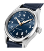 Silver stainless steel watch with dark blue dial, Arabic numerals, golden hands, and dark blue leather strap.