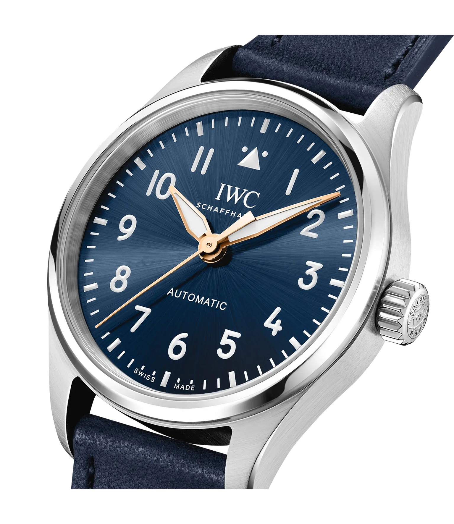 Silver stainless steel watch with dark blue dial, Arabic numerals, golden hands, and dark blue leather strap.
