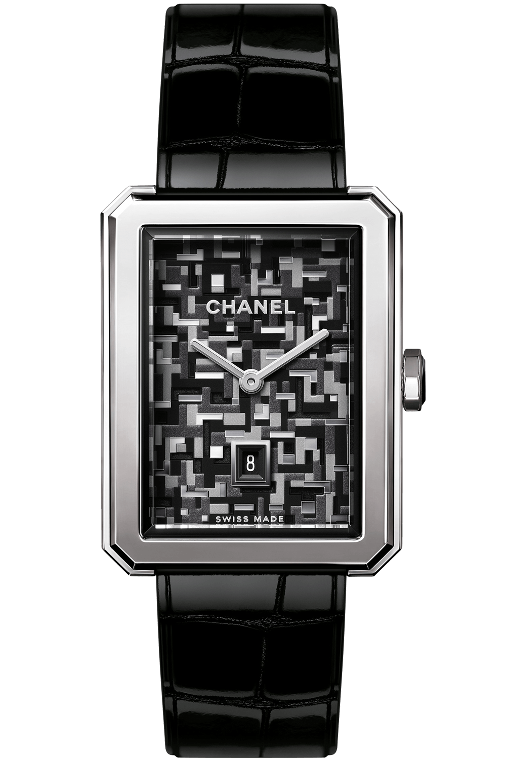 The Chanel Boy·Friend Tweed is a rectangular wristwatch with a black calfskin strap, a pixel-inspired black and gray dial, silver hands, date at 6 o’clock, and a silver bezel.