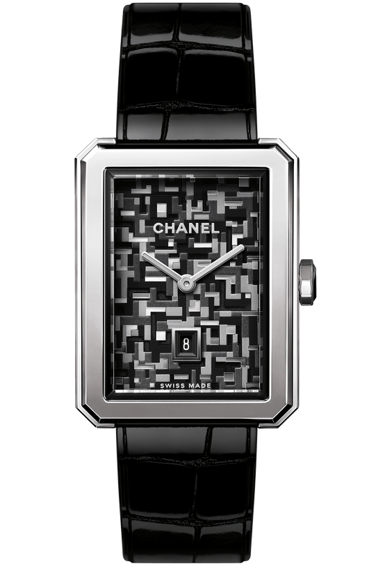 The Chanel Boy·Friend Tweed is a rectangular wristwatch with a black calfskin strap, a pixel-inspired black and gray dial, silver hands, date at 6 o’clock, and a silver bezel.