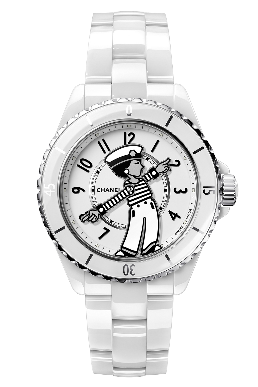The Chanel Mademoiselle J12 La Pausa is a limited edition white ceramic watch featuring a cartoon sailor on the dial, whose arms serve as hour and minute hands. It has a matching white bezel and bracelet with sleek silver accents.